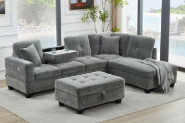 Picture of NEBULA Pro Sectional Sofa with Storage Ottoman & Drop-Down Console & USB Port (Misty Grey)