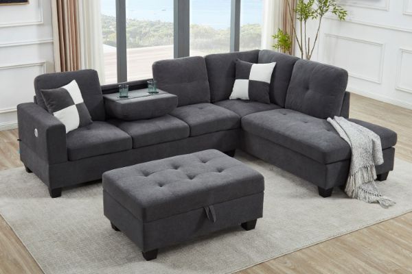 Picture of NEBULA Pro Sectional Sofa with Storage Ottoman & Drop-Down Console & USB Port (Dark Grey)
