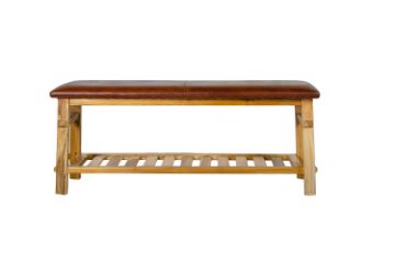 Picture of NAPLES 121 Natural Cow Leather Solid Teakwood Bench with Shelf
