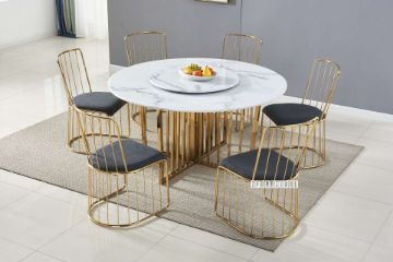 Picture of  [FLOOR MODEL CLEARANCE]  MARBELLO 140 Round Marble Top Stainless Steel Dining Table (Gold)