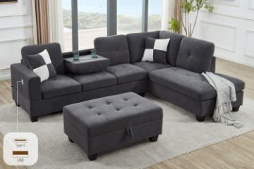 Picture of NEBULA Pro Sectional Sofa with Storage Ottoman & Drop-Down Console & USB Port (Dark Grey)