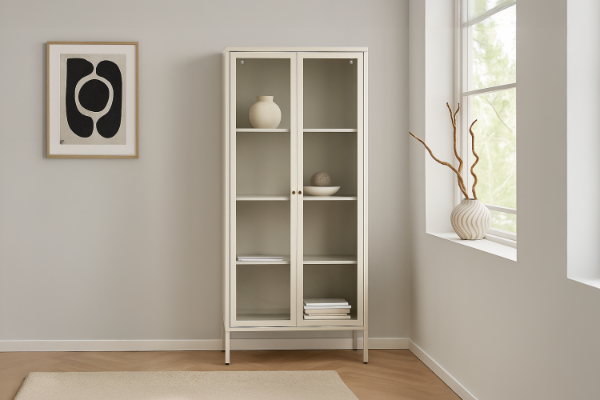 Picture of STARK Steel Frame 180x80cm 2-Door Transparent Glass Display Cabinet (Cream)