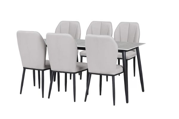 Picture of MIKASA 140 Sintered Stone Top 7PC Dining Set (Grey Table + 6 Light Grey Chairs)