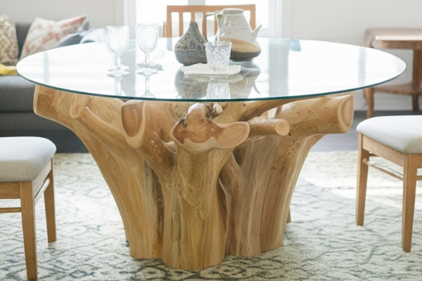 Picture of TAKARA D130 Tempered Glass Top Handcrafted Teak Root Dining Table