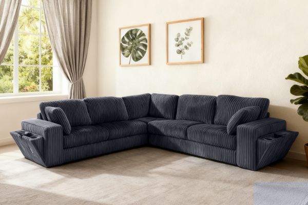 Picture of ALBERTA Corduroy Fabric Sectional Sofa with Built-in Bluetooth Speakers & Wireless Charging