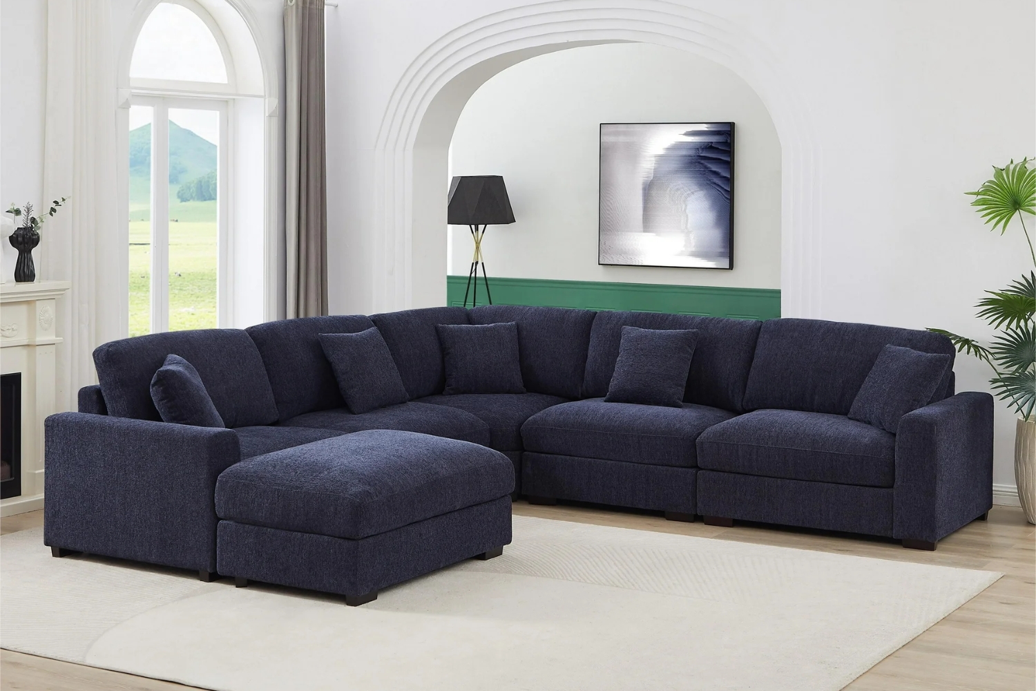 MORIO Fabric Sectional Modular Sofa with Ottoman (Dark Blue)