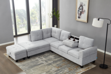 Picture of DEVON Fabric Sectional Sofa with Storage Ottoman (Grey) - Chaise Facing Left