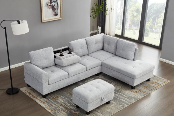 Picture of DEVON Fabric Sectional Sofa with Storage Ottoman (Grey) - Chaise Facing Right