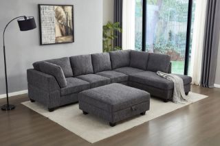 Picture of LIBERTY Premium Chenille Fabric Sectional Sofa (Dark Grey) - Chaise Facing Right with Storage Ottoman