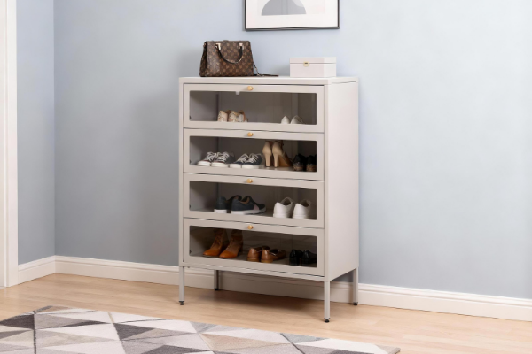 Picture of STARK Steel Frame 4-Door Transparent Glass Shoe Cabinet (Cream) 