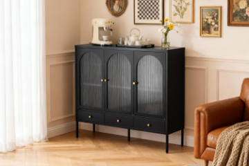 Picture of STARK Steel Frame 110cmx120cm 3-Arched Doors 3-Drawers Glass Display Cabinet (Black)