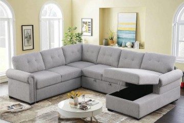 Picture of MERITON Sectional Sofa/Pull-Out Sofa Bed with Storage Chaise (Light Grey)