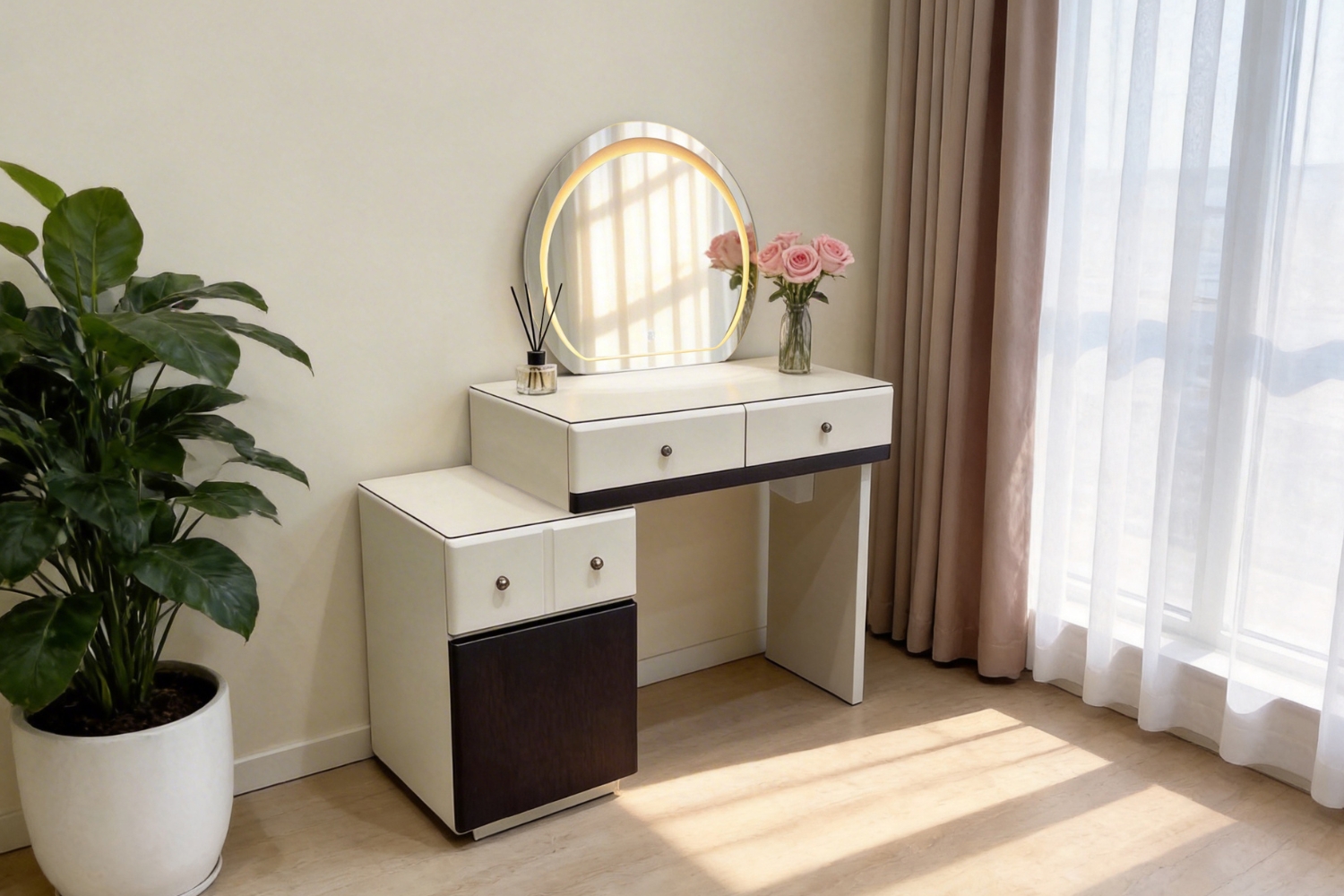 GLOW 3-Drawer Extension Dressing Table with LED Mirror and NOOK Makeup ...