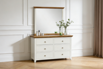 Picture of NOTTINGHAM 6-Drawer Solid Oak Dresser with Mirror (White)