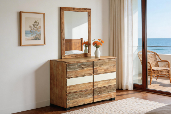 Picture of LEAMAN 6-Drawer Solid Acacia Wood Dresser with Mirror