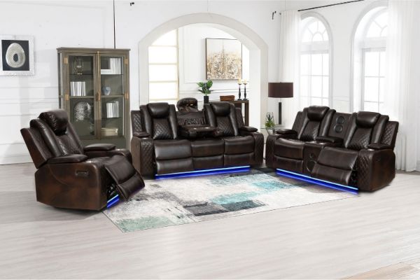 Picture of FAIRWAY Air Leather Dual Motor Reclining Sofa Range with Cup Holders & Storage & Bluetooth Speaker & USB Port, Power Socket & Wireless Charging & LED Lighting (Brown)
