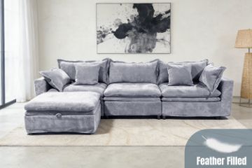 Picture of MORVIA Feather-Filled Modular Sectional Sofa with Storage Ottoman (Light Grey)