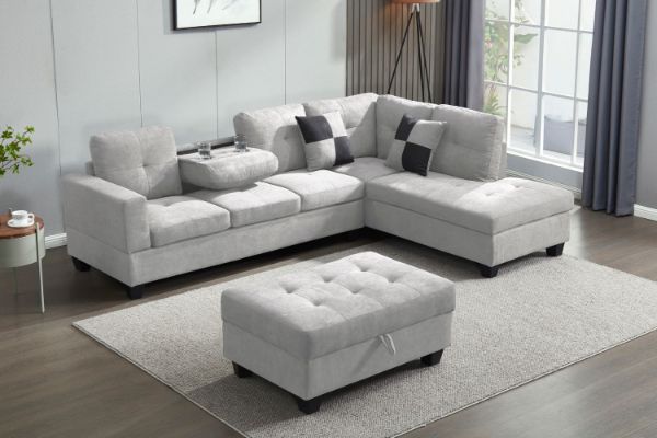 Picture of  [FLOOR MODEL CLEARANCE]  NEBULA Sectional Sofa with Storage Ottoman & Drop-Down Console (Light Grey) - Facing Right
