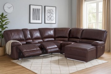 Picture of  [FLOOR MODEL CLEARANCE]  ORREN Air Leather Power Reclining Sectional Sofa with LED Lights & Cooling Cup Holders - Chaise Facing Right (Dark Brown)