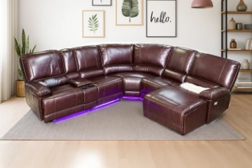 Picture of  [FLOOR MODEL CLEARANCE]  ORREN Air Leather Power Reclining Sectional Sofa with LED Lights & Cooling Cup Holders - Chaise Facing Right (Dark Brown)