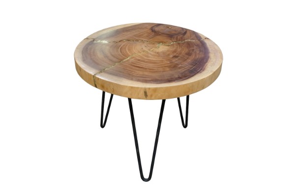 Picture of NATURA Round Solid Mungur Wood Side Table with Icy Glass Inlay