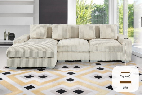 Picture of [FLOOR MODEL CLEARANCE]  WINSTON Premium Corduroy Modular Sectional Sofa with Cup Holders & USB Ports (Beige) - Chaise Facing  Left