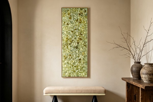 Picture of FAELA 45X130cm Large Freestanding Teak Wood Wall Decor with Round Wood Disc and Resin Surface 