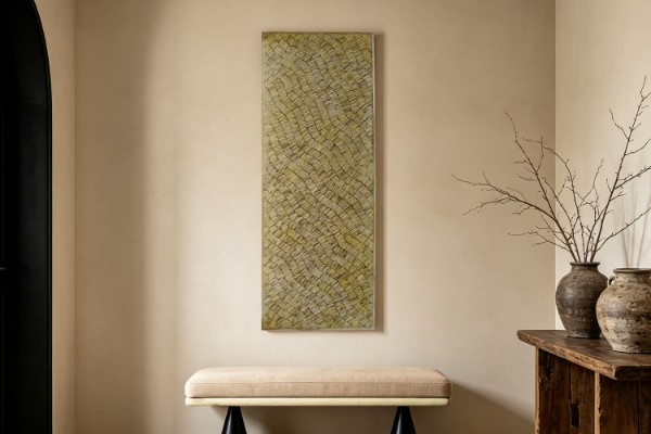 Picture of FAELA 45X130cm Large Freestanding Teak Wood Wall Decor with Coconut Shell and Resin Surface 