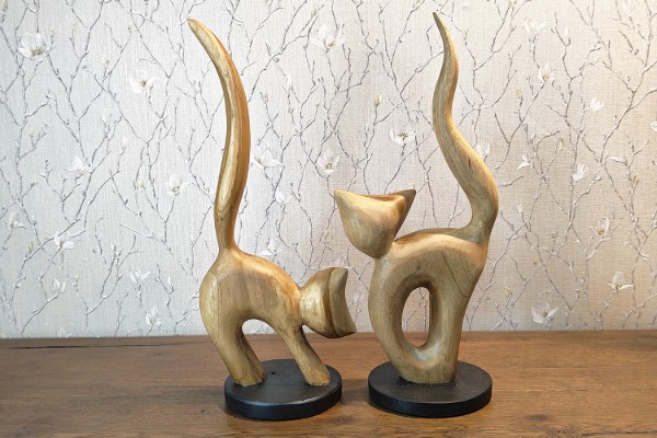 Picture of 650-048 Solid Teak Wood Cat Decorative Sculptures - Set of 2 (H38 & 40cm)
