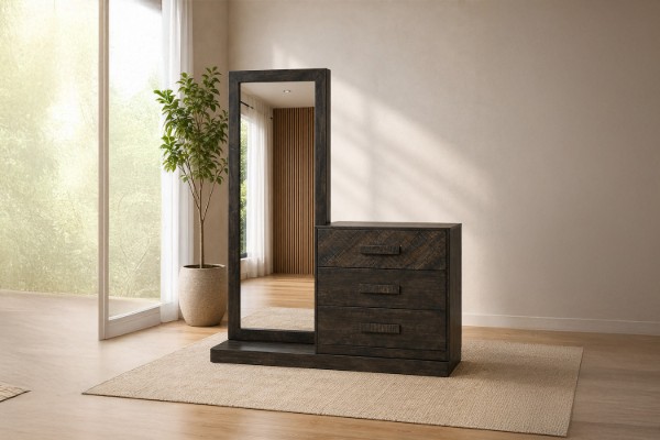 Picture of RIDHELINE Genuine Wood Veneer 3-Drawer Dresser with Mirror with 5-Tier Internal Shelf