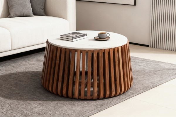 Picture of [FLOOR MODEL CLEARANCE] ALLEY Solid Acacia Wood Round Coffee Table with Marble Top