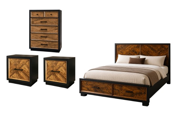 Picture of HERRINGBONE Genuine Wood Veneer Bedroom Combo - 4PC Queen Size