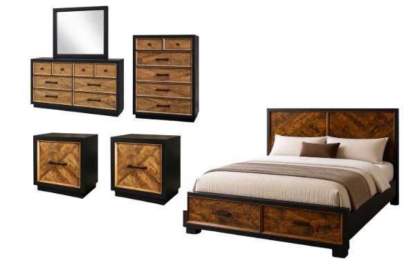 Picture of HERRINGBONE Genuine Wood Veneer Bedroom Combo - 6PC Queen Size