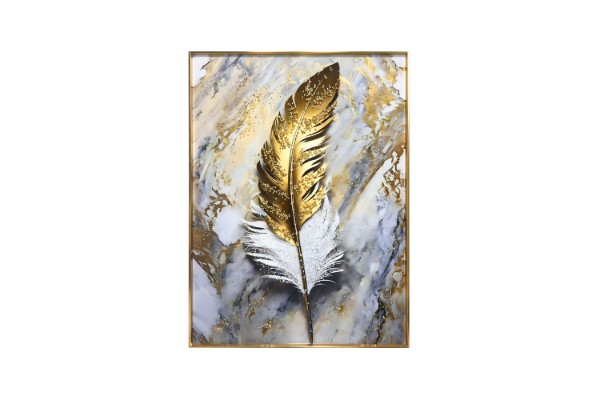 Picture of 357-007 Decorative Wall Art with Golden Frame (50×70cm) - Golden White Feathers