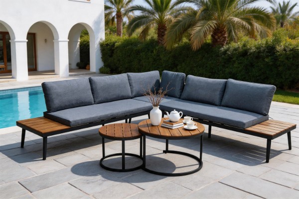 Picture of VERNON Solid Acacia Wood & Steel Frame Outdoor Corner Lounge Sofa Set with 2 Round Nesting Coffee Tables