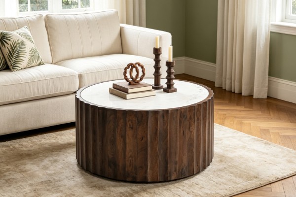 Picture of [FLOOR MODEL CLEARANCE]KASIA Mango Wood D89 Round Coffee Table With Marble Top